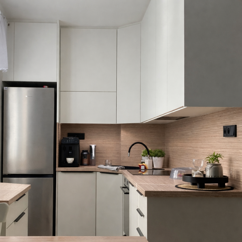 Detail rohové kuchyně na míru s pracovní deskou v dřevodekoru